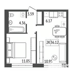 2-к квартира, вторичка, 36м2, 4/17 этаж