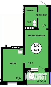 1-к квартира, сданный дом, 34м2, 8/9 этаж