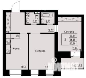 2-к квартира, строящийся дом, 61м2, 3/8 этаж