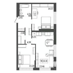 3-к квартира, строящийся дом, 62м2, 8/17 этаж