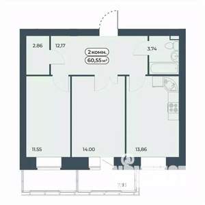 2-к квартира, строящийся дом, 61м2, 3/9 этаж