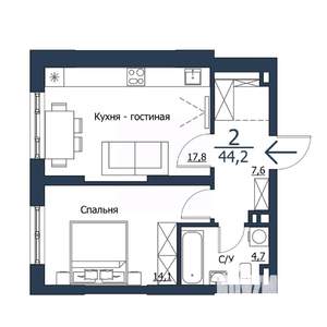 2-к квартира, строящийся дом, 44м2, 22/23 этаж