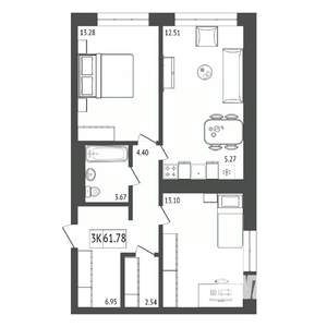 3-к квартира, строящийся дом, 62м2, 10/17 этаж