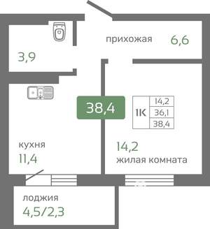 1-к квартира, строящийся дом, 38м2, 18/19 этаж