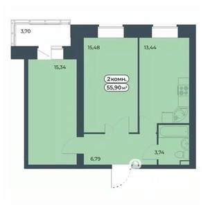 2-к квартира, строящийся дом, 56м2, 9/9 этаж