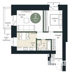 2-к квартира, строящийся дом, 55м2, 4/17 этаж