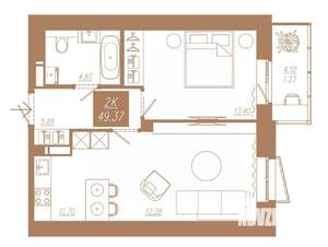1-к квартира, строящийся дом, 49м2, 22/23 этаж