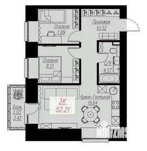 2-к квартира, строящийся дом, 52м2, 6/17 этаж
