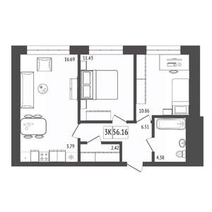 3-к квартира, вторичка, 56м2, 3/17 этаж