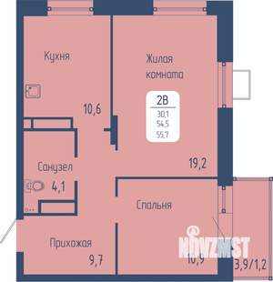 2-к квартира, строящийся дом, 56м2, 10/15 этаж
