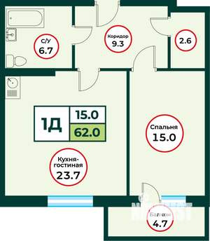 2-к квартира, строящийся дом, 62м2, 1/8 этаж