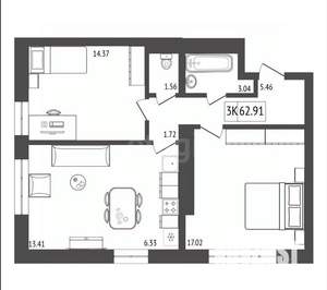 3-к квартира, вторичка, 63м2, 16/17 этаж