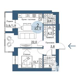 2-к квартира, строящийся дом, 63м2, 14/17 этаж