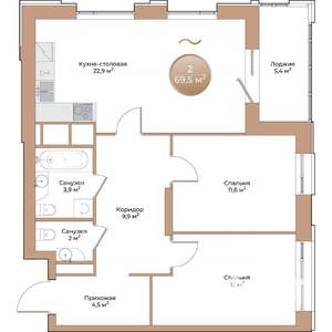 2-к квартира, строящийся дом, 70м2, 2/24 этаж