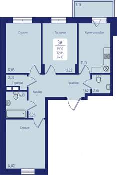 3-к квартира, строящийся дом, 74м2, 2/9 этаж