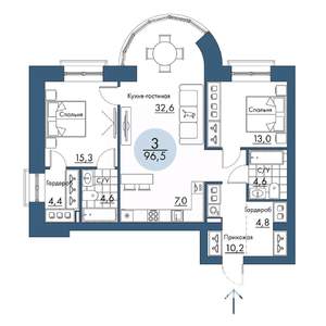 3-к квартира, строящийся дом, 97м2, 2/17 этаж