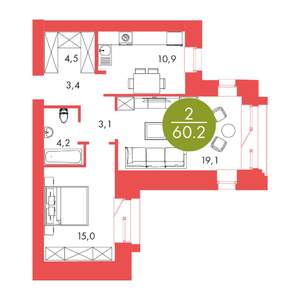 2-к квартира, строящийся дом, 60м2, 13/17 этаж