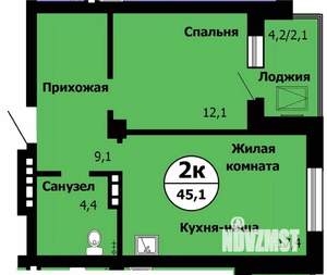 2-к квартира, строящийся дом, 46м2, 19/24 этаж