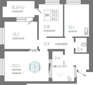 3-к квартира, строящийся дом, 83м2, 2/19 этаж