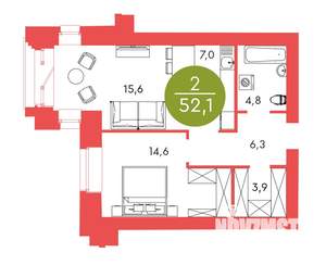 2-к квартира, строящийся дом, 52м2, 17/17 этаж