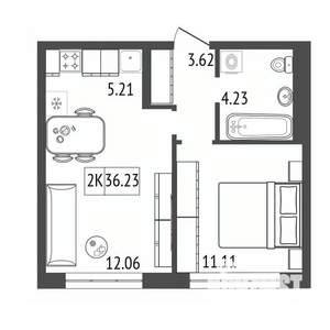 2-к квартира, строящийся дом, 36м2, 4/17 этаж