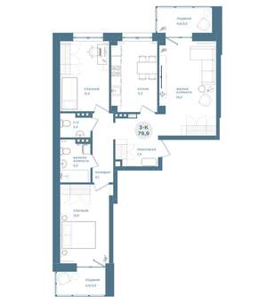 3-к квартира, строящийся дом, 80м2, 5/19 этаж