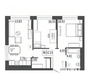 3-к квартира, строящийся дом, 52м2, 6/17 этаж
