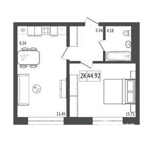 2-к квартира, строящийся дом, 45м2, 8/17 этаж