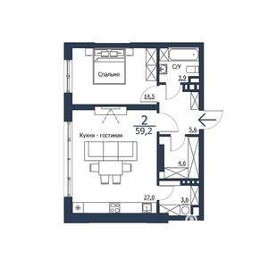 2-к квартира, строящийся дом, 59м2, 6/23 этаж