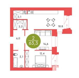 2-к квартира, строящийся дом, 63м2, 2/17 этаж