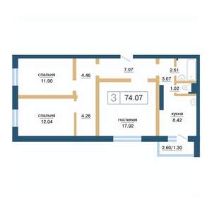 3-к квартира, строящийся дом, 74м2, 10/17 этаж