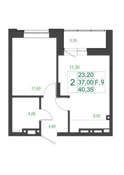 2-к квартира, строящийся дом, 40м2, 13/17 этаж