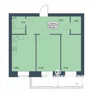 2-к квартира, строящийся дом, 61м2, 2/9 этаж
