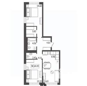 3-к квартира, вторичка, 65м2, 7/17 этаж