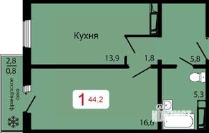1-к квартира, строящийся дом, 44м2, 8/17 этаж