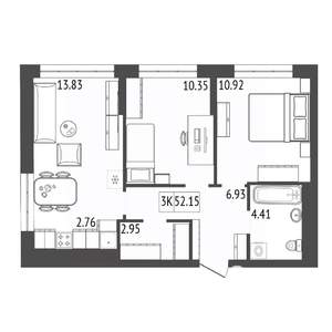 3-к квартира, строящийся дом, 52м2, 11/17 этаж
