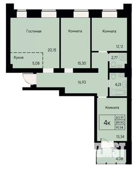 4-к квартира, вторичка, 92м2, 6/8 этаж