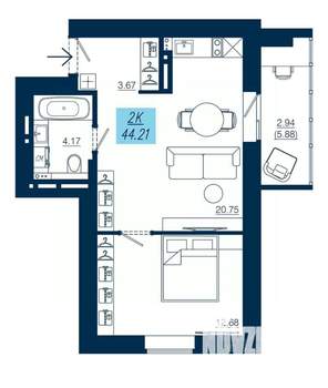 1-к квартира, строящийся дом, 44м2, 11/19 этаж