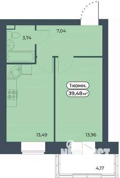 1-к квартира, строящийся дом, 39м2, 3/9 этаж