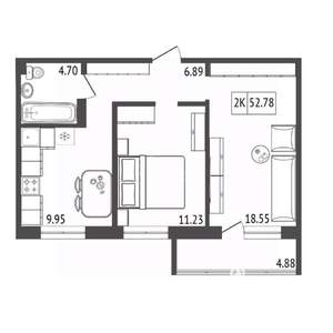 2-к квартира, вторичка, 53м2, 2/15 этаж