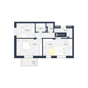 3-к квартира, строящийся дом, 61м2, 1/5 этаж