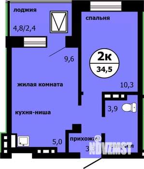 2-к квартира, строящийся дом, 34м2, 9/19 этаж