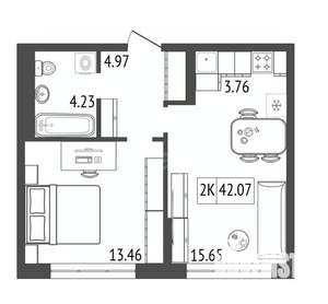 2-к квартира, вторичка, 42м2, 15/17 этаж