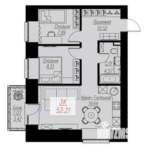 2-к квартира, строящийся дом, 52м2, 8/17 этаж