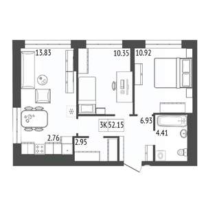 3-к квартира, строящийся дом, 52м2, 13/17 этаж