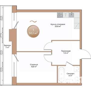 1-к квартира, вторичка, 50м2, 3/24 этаж