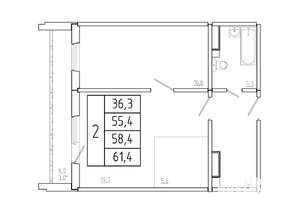 2-к квартира, строящийся дом, 58м2, 2/17 этаж