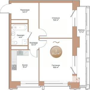 2-к квартира, вторичка, 55м2, 2/24 этаж