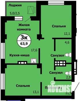 3-к квартира, строящийся дом, 65м2, 17/24 этаж