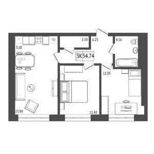 3-к квартира, строящийся дом, 55м2, 3/17 этаж